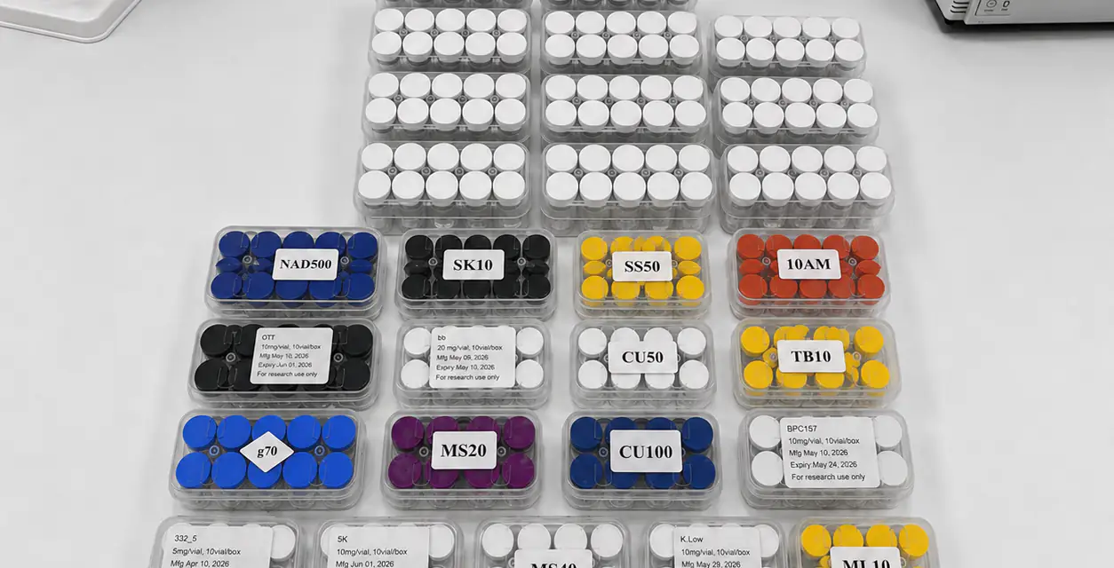 Color-coded research peptide kits on a laboratory bench