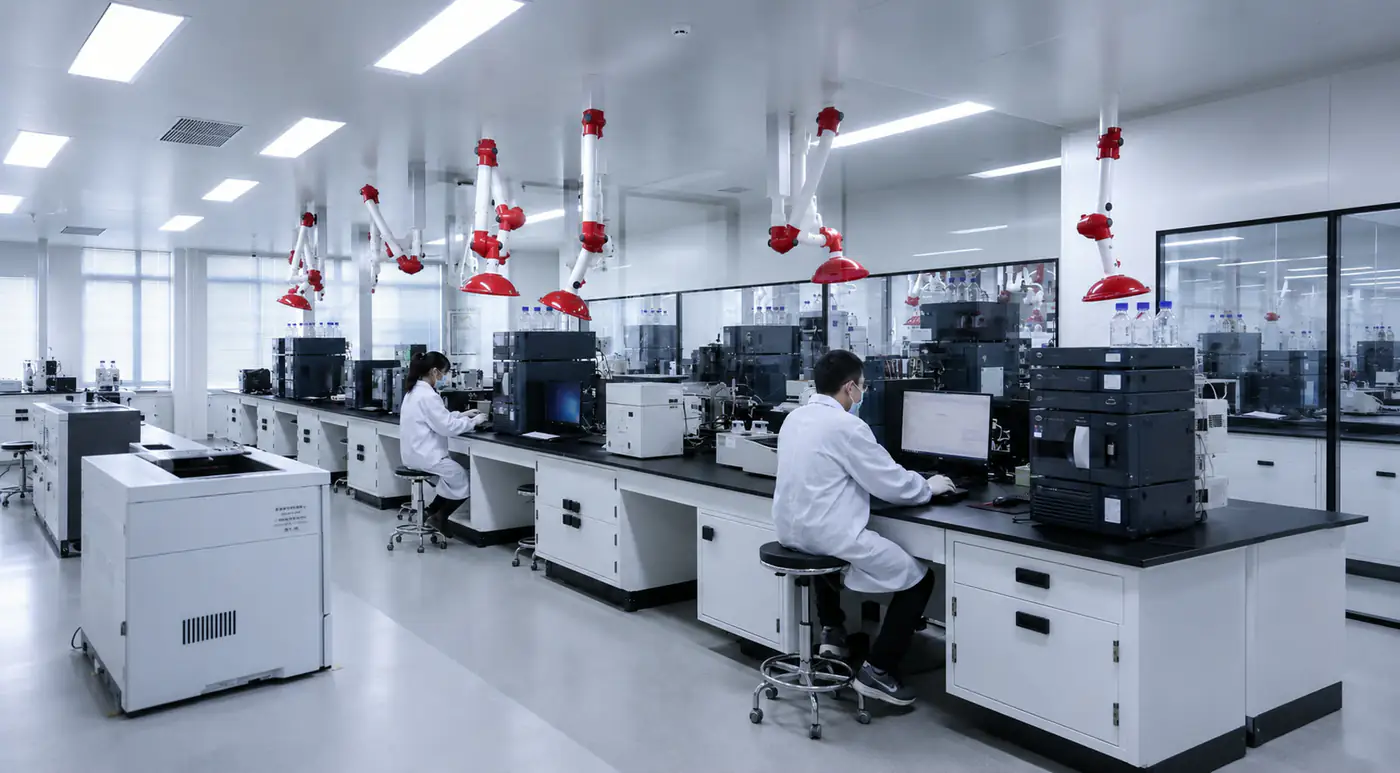 Analytiskt laboratorium med flera instrumentstationer och analytiker i arbete