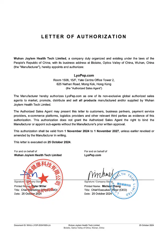 Signed 2024 manufacturer appointment letter authorizing LyoPep as a sales agent
